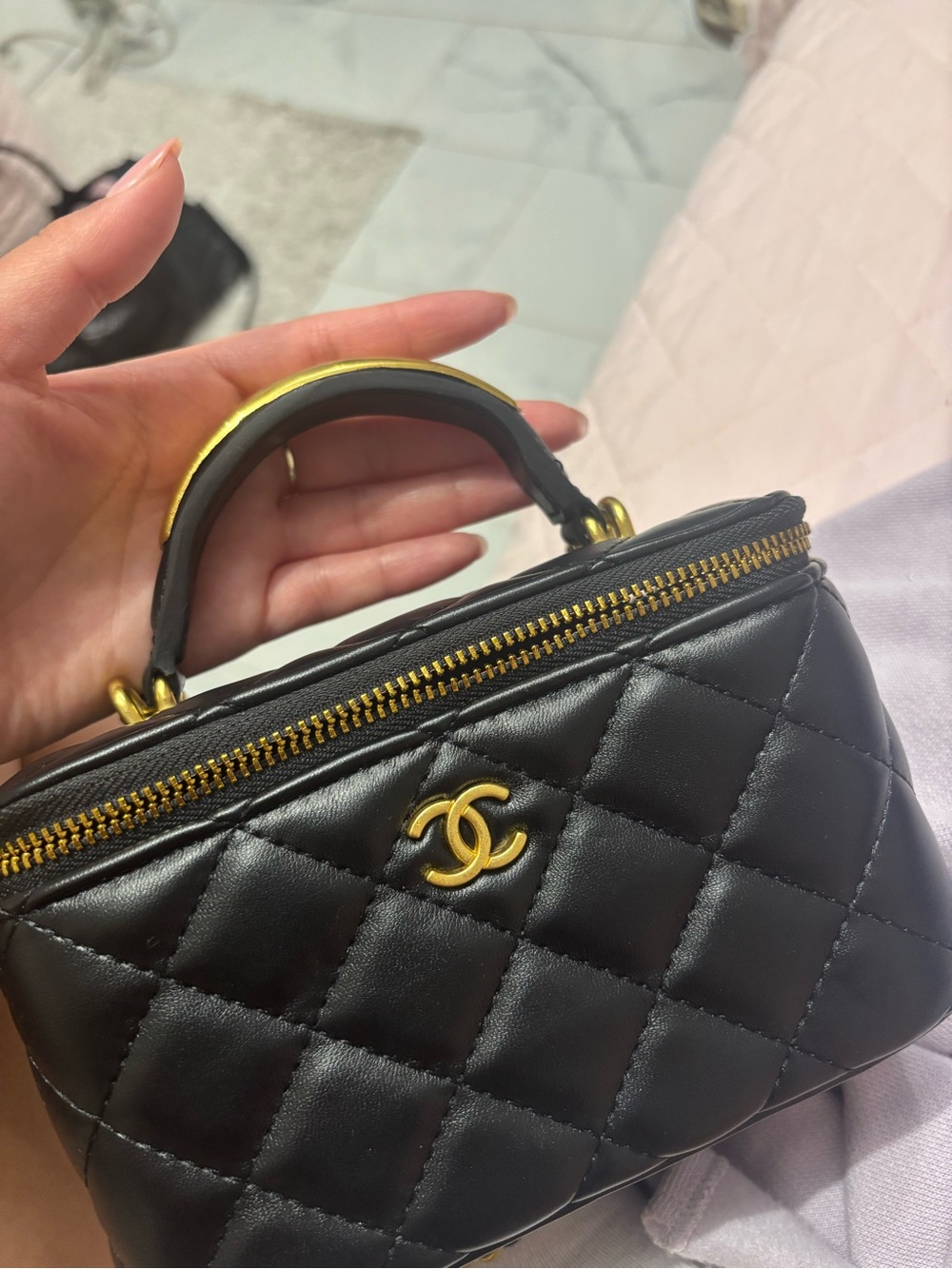 CHANEL Black Quilted Mini Top-Handle Vanity Bag with Gold Hardware